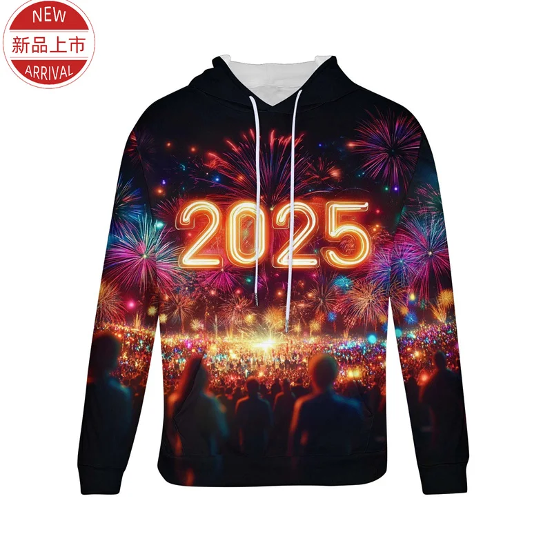 3D Printing 2025 Happy New Year Hoodies Colorful Firework Graphic Hooded Hoody Kid Fashion Streetwear New Year's Best Pullovers