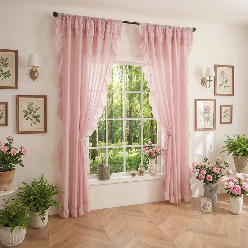 Vintage Ruffle Mesh Sheer Curtains for Bedroom Living Room Balcony Privacy Curtains Semi transparent Lace Tulle Window Screen