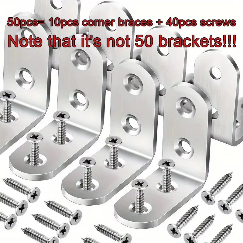 A Set Of 50pcs,Including 10pcs 90-Degree Right-Angle Brackets With 40screws,L-Shaped Bracket Hardware For Wooden Shelves,Chairs