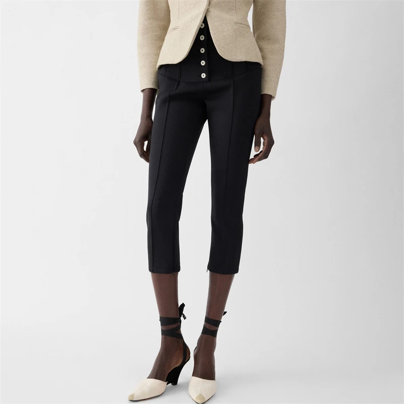 High-QualityAutumn New StyleComposite Thick High-Waist Cycling Pants Fashionable Elastic Slim Fit SportyCasual Seven-Foot Pants
