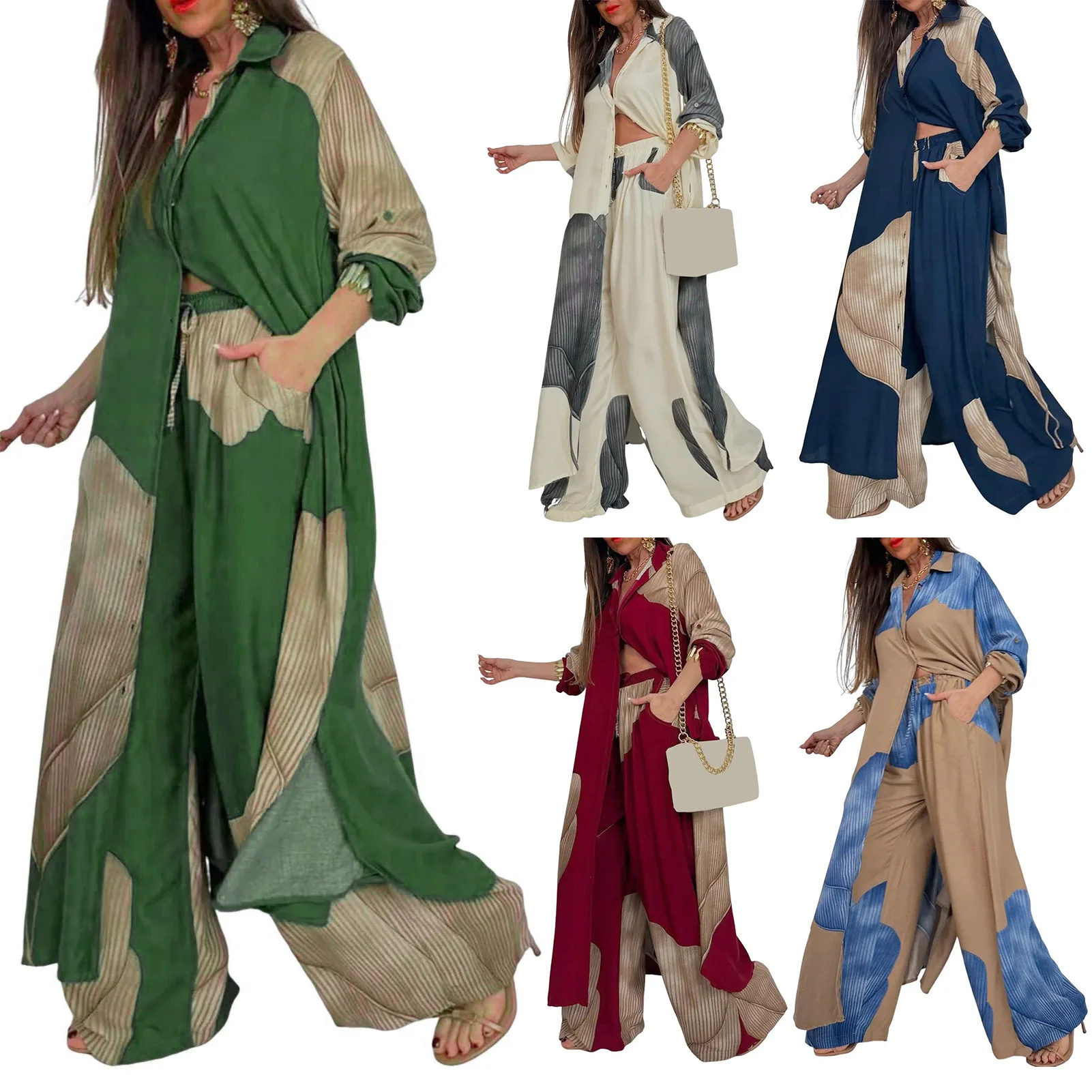 

Women Tops Pants Suit Leisure Women Blouse Pants Set Mid Waist Colorful Pattern Stylish Full Length Spring Tops Suit