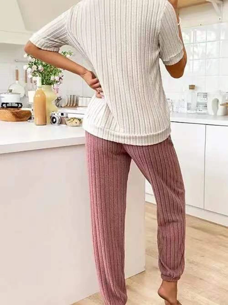 Women\'s new style pajamas set heart pattern short sleeve shirt trousers two-piece simple and lovely casual home wear