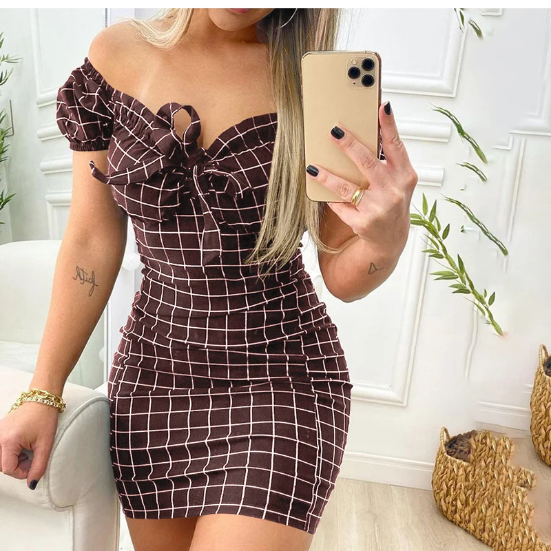 Summer Sexy Off Shoulder Mini Dress Women Fashion Casual Plaid Dresses Bodycon Beach Boho Party Dress For Women Robe Femme