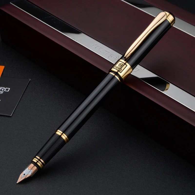 Hero Vintage 1117 12K Gold Nib Fountain Pen Black & Golden Metal Barrel Outstanding Ink Pen 0.5mm Fine Nib Writing Gift Set