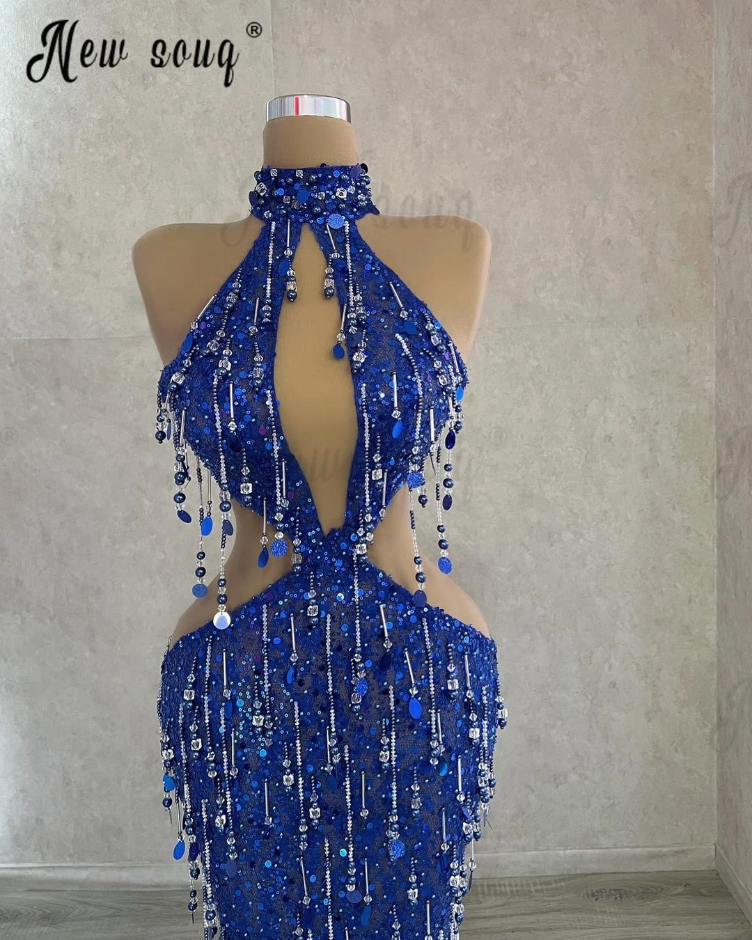 Robe de soirée à col licou pour femme, robe de Rhlongue, paillettes perlées, pompon, dos nu, bleu royal, robe personnalisée, arabe, mariage, 2024