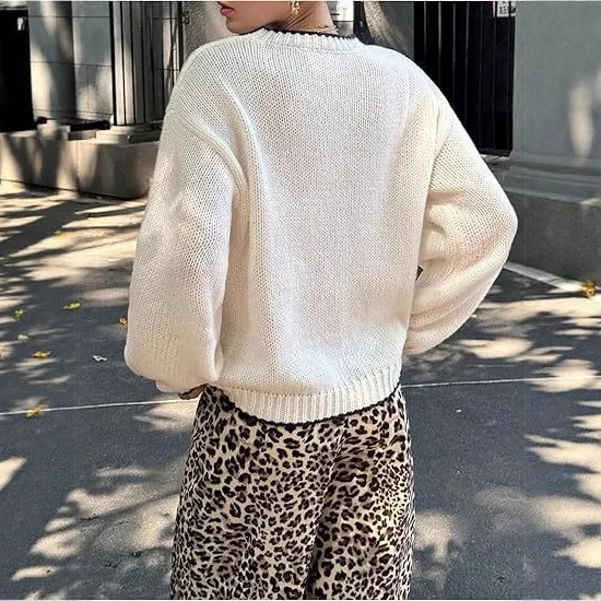 Sweter Pullover Atasan Rajut Gambar Hewan Wanita 2025 Pakaian Rajut Jumper Rajutan Wanita Kantor Kasual Kerah Bulat Musim Gugur Musim Dingin