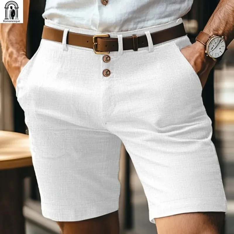 Mens Vintage Stand Pocket Cotton Linen Shorts 2025 Europe Style Casual Beach Short Pants Solid White Triple Buttons Up Hotpants