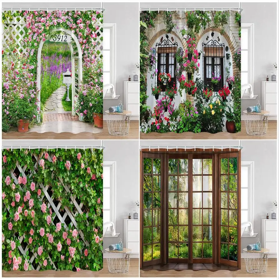 

Garden Landscape Shower Curtain Natural Pink Rose Flower Plant Brown Window Forest Scenery Wall Hanging Bathroom Curtains Decor