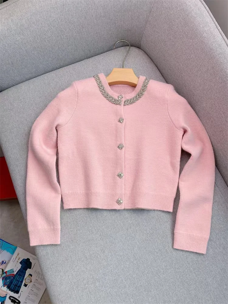 Fall Winter Fashion Pink Knit Set Women Elegant Beaded Diamond O-Neck Single-Breasted Sweater Cardigan Coat or High Waist Skirt