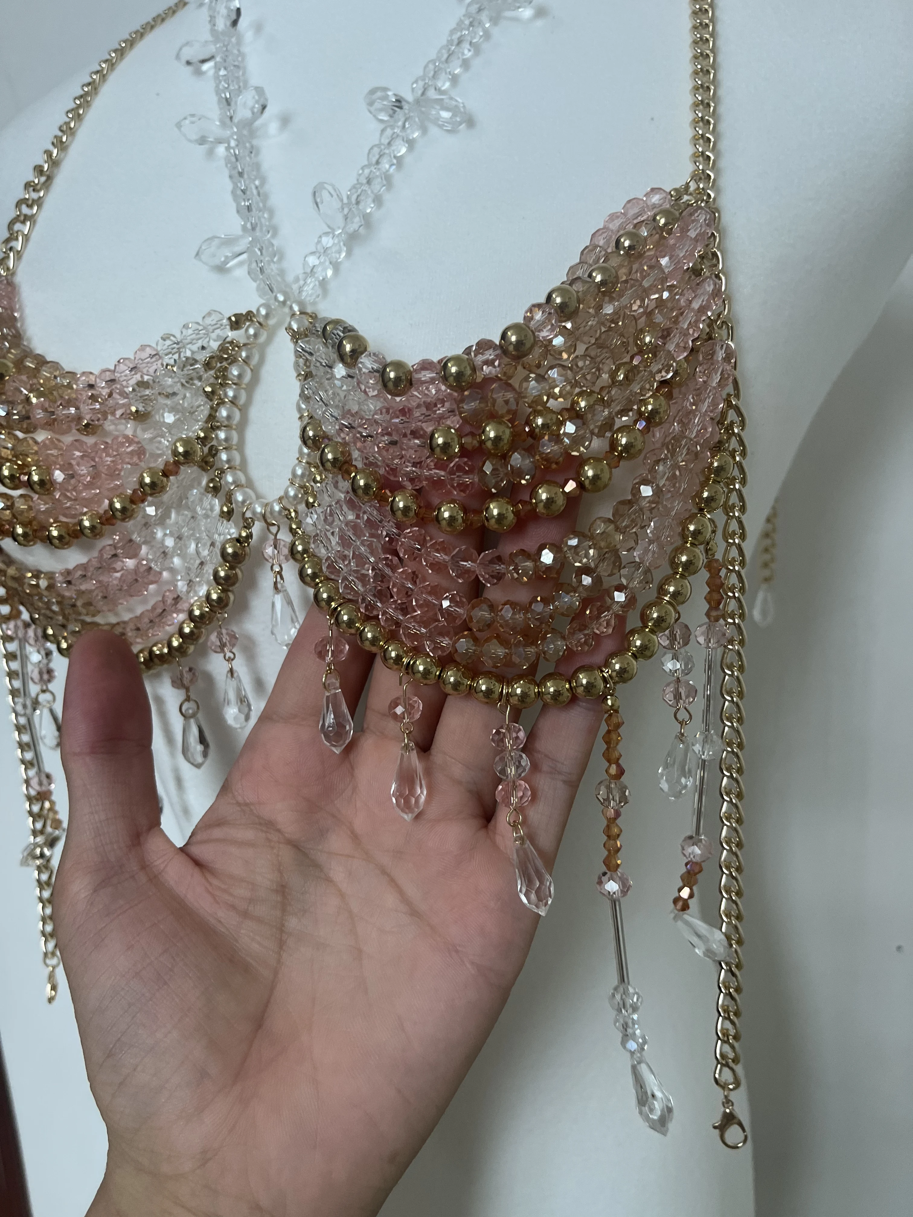 2025 Handmade Crystal Imitation Pearl Hanging Neck Backless Chest Chain Fashion Colorful Beads Wrap Body Chain Female
