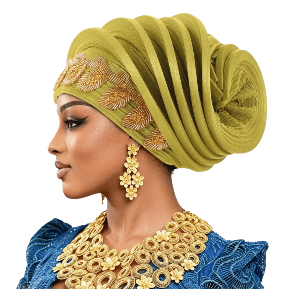 Vintage Shiny African Gele Headwrap Leaf Polyester Yoruba Turban Hat Gold Embellished Pre-tied Traditional Headpiece Daily