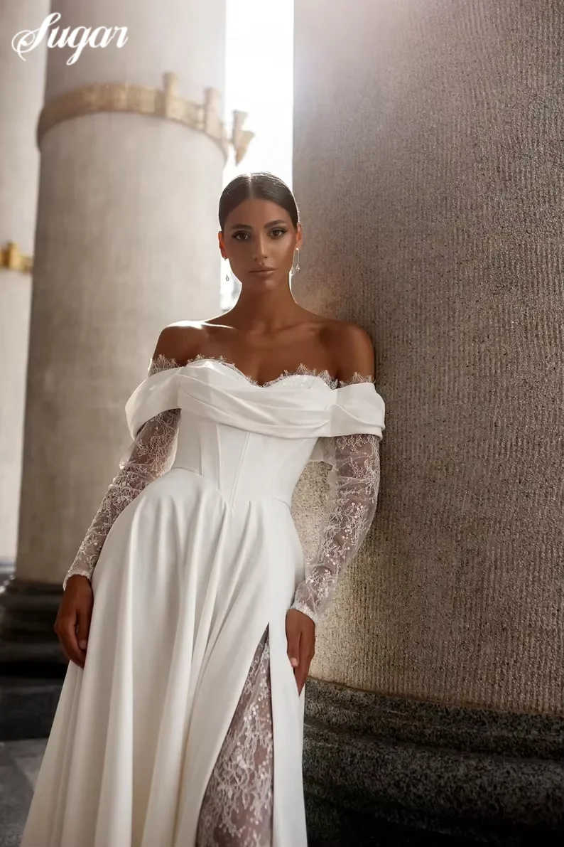 Al largo della spalla A-Line Backless Sweetheart Applique in pizzo Boho Abiti da sposa Abiti in pizzo Maniche lunghe Vestido De Novia Personalizzato