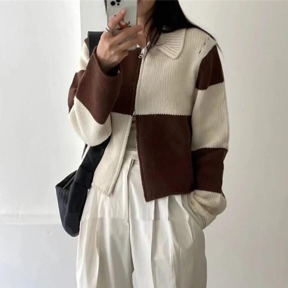 Korean All Match Turn Down Collar Plaid Contrast Color Double Head Zipper Cardigan Coat Autumn Loose Knitted Sweater Jacket Top