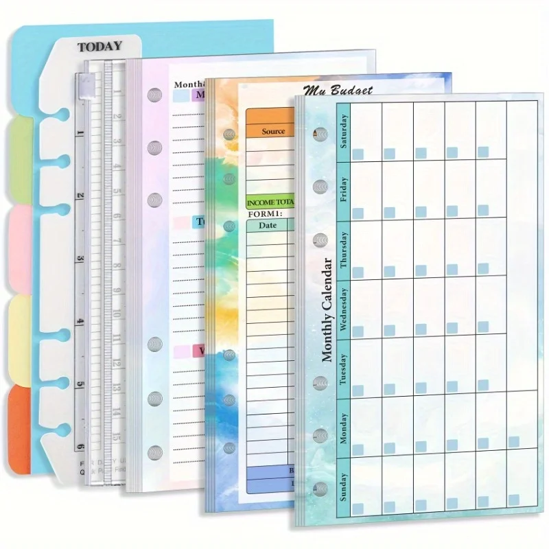 Comprehensive 82-Sheet Organizer Pack: 6-Hole Planner Refills, Monthly/Weekly Budget, Binder Pocket & Sticker Rulers
