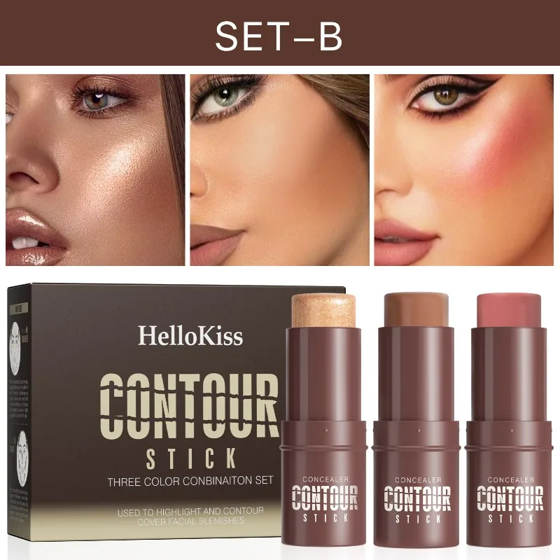 Ensemble de bâtons de Contour et de surbrillance, Kit professionnel complet pour sculpter le visage, Blush et scintillant, Trio de maquillage crémeux et facile à mélanger, 3 pièces