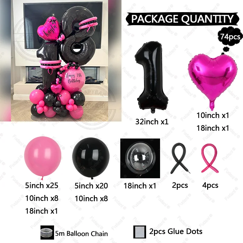 Black Balloons Garland Hot Pink Balloon Arch Kit Birthday Party Baby Shower New Year Wedding Anniversary Decoration Globos Set view 4