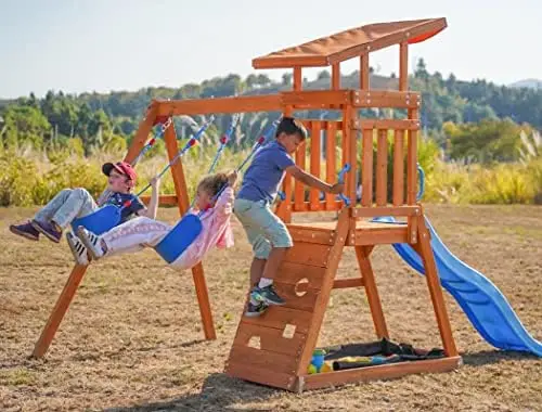 Dohin Playground Wooden Swing Sets for Backyard, Outdoor Playset with Slide, Sand Box, Clim Wall, and 2 Belt Swings