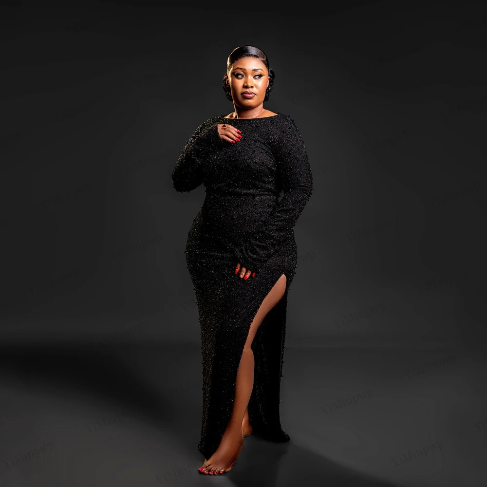 

Luxurious Party Dress Split Mermaid Black Backless Sexy Evening Gowns Floor Length Full Sleeve Wedding Guest Dresses Customized