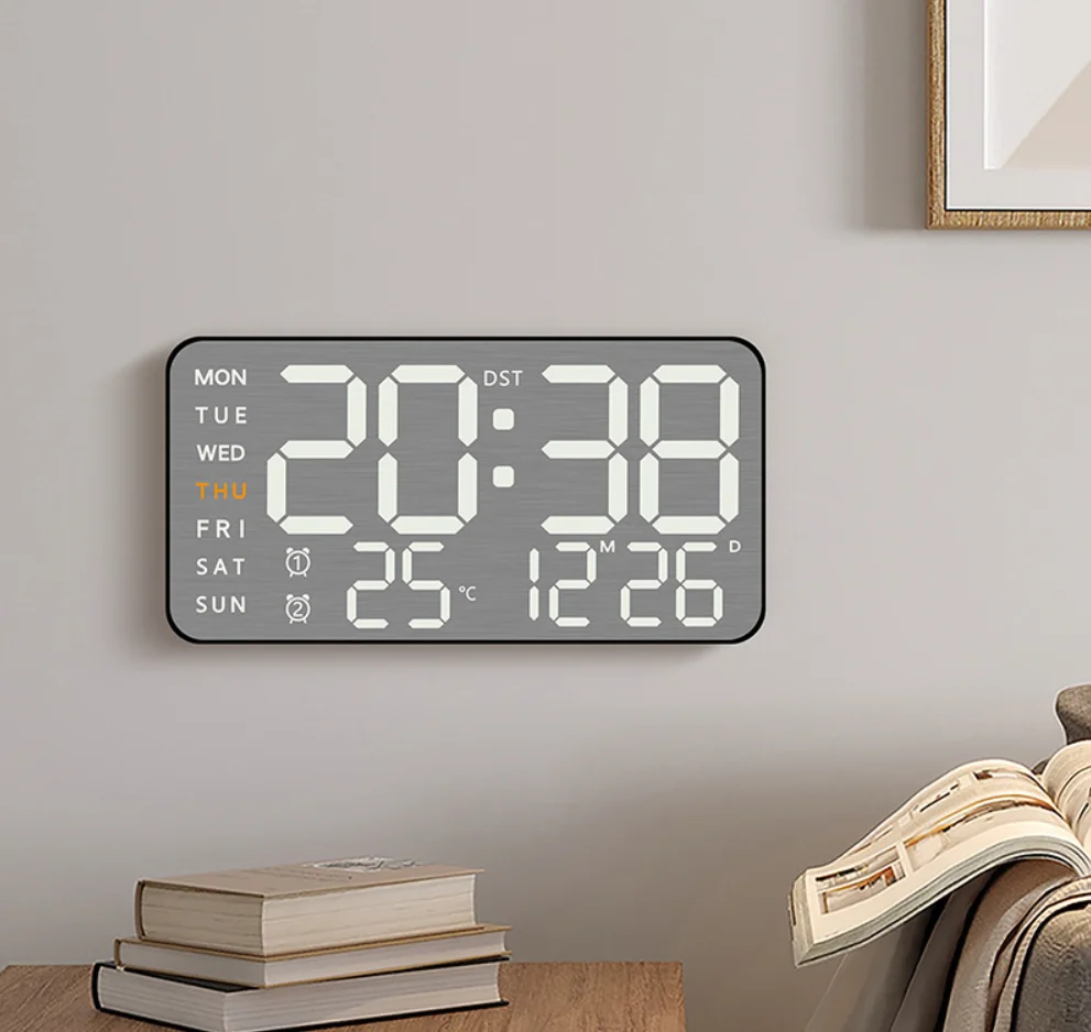Silent Mirror Brushed Finish Wall Clock Table Alarm with Temperature Display for Bedroom Office Living Room Decor