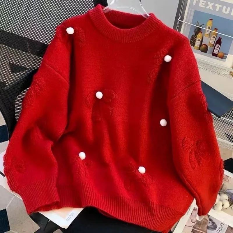 Women Red Crew Neck Knit Sweater 3D Flower Embellished Long Sleeve Loose Casual Pullover