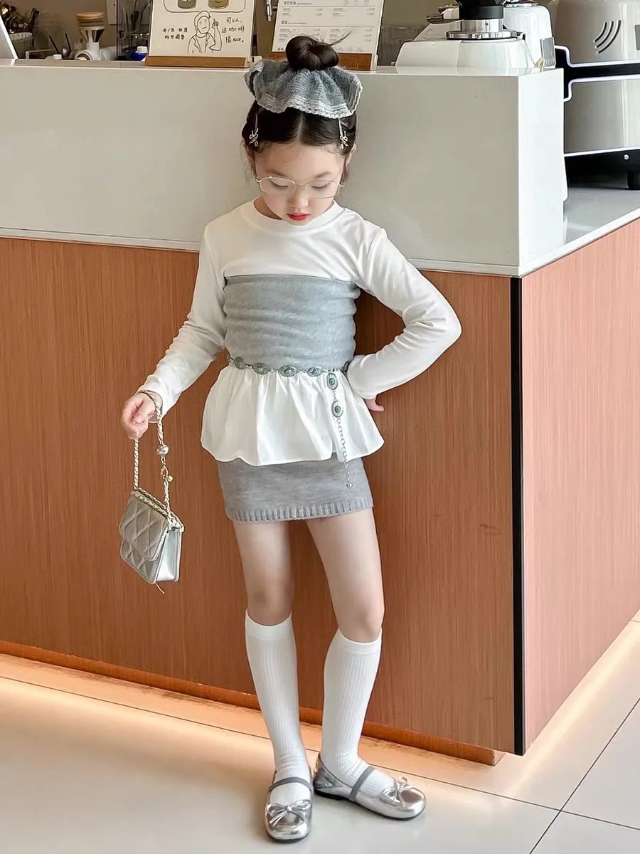 Girls Spice Girls White T-Shirt Wool Skirt Lotus Leaf Edge Top Three-piece Set Baby Kids Suit Set Fashion Casual