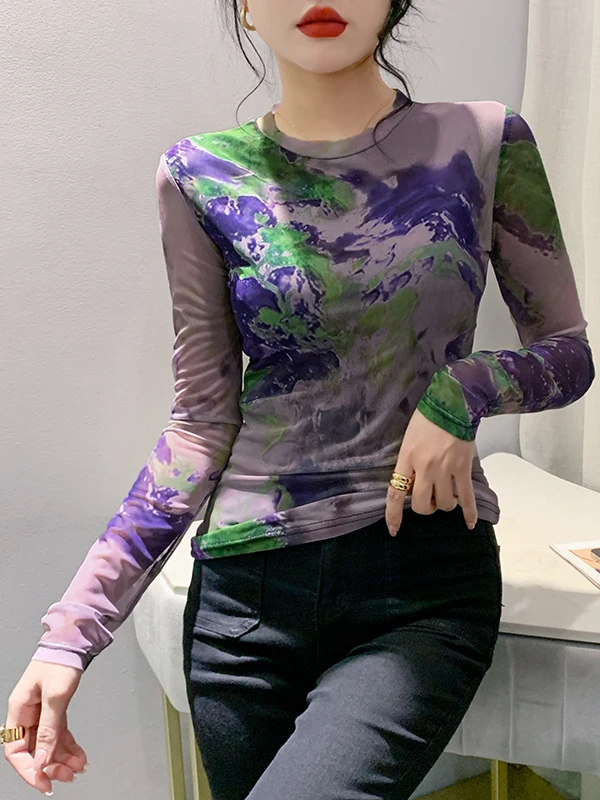 Faionable imprimé Me Base irt rond Ne Long Sve T-irt femme coupe ajustée vêtements intérieurs décontracté Sle sec rapide