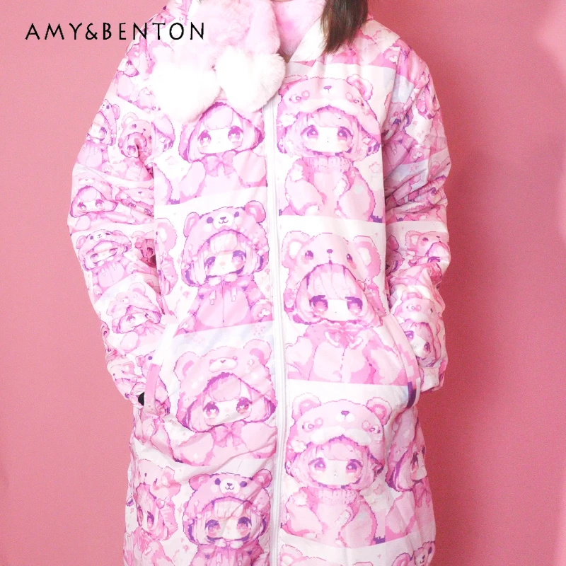 Original Design Cartoon Anime Print Stand Collar Women's Cotton Jacket Winter New Loose Down Coat Cute Thickened Coats Ladies