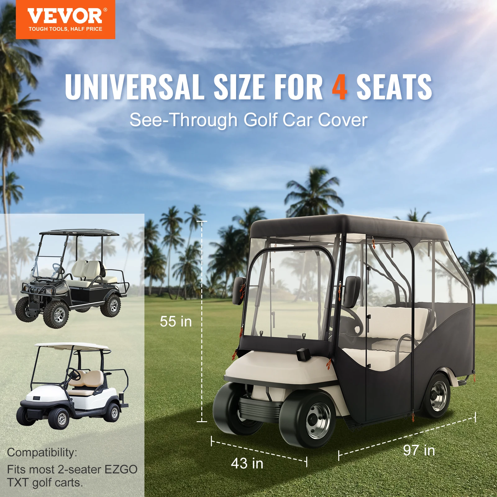 VEVOR Golf Cart Enclosure 420D Polyester Driving Enclosure with 4-Sided Transparent Windows 4 Passenger Club Car Cover Universal