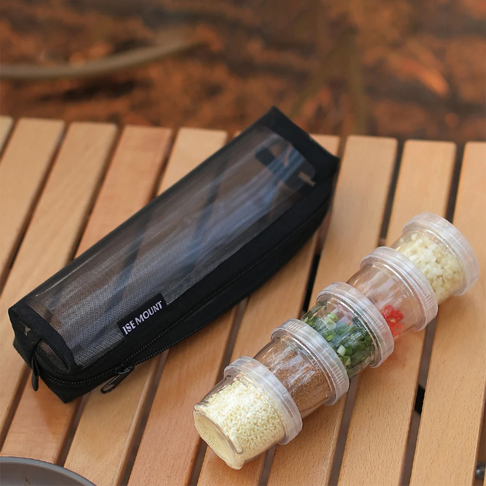 Camping Spice Kit Storage Bag with 5 Clear Seasoning Bottles Condiment Container Spices Set for Picnic Cooking Barbecue