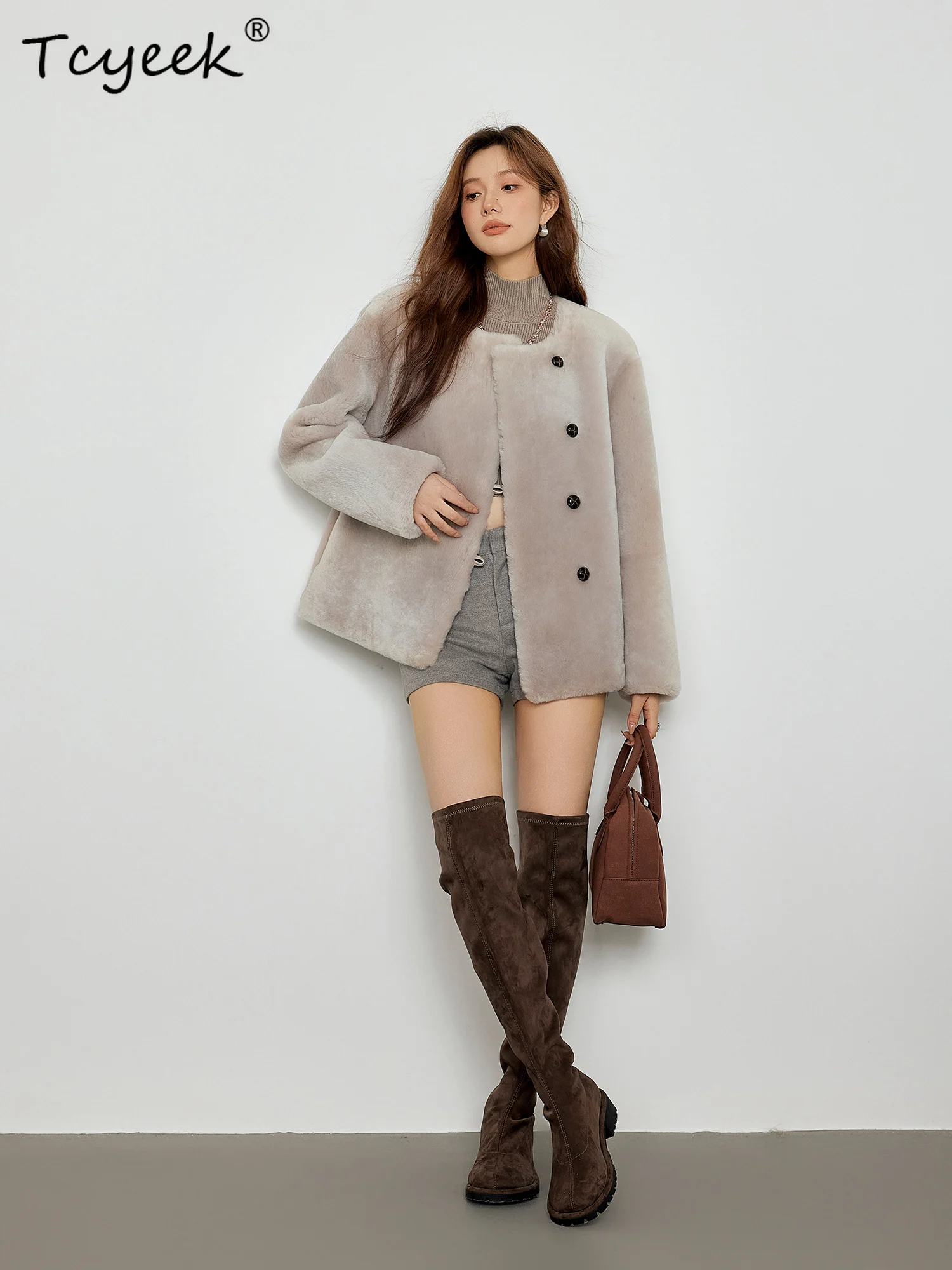Tcyeek Wool Autumn Winter Round Neck Fur Integrated Solid Color Short Women's Wool Genuine Leather Fur Coat Fourrures Femme
