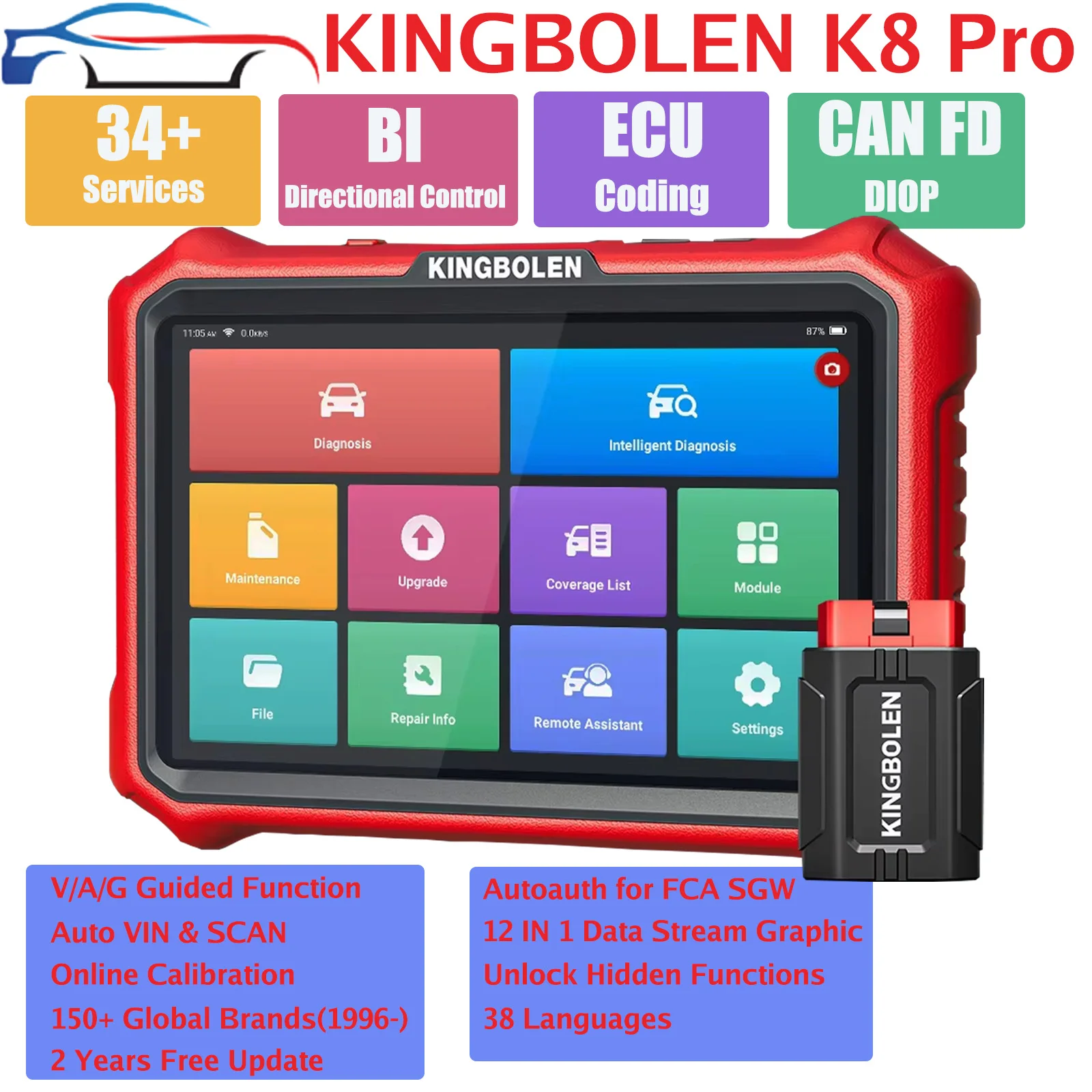 

KINGBOLEN K8 Pro ALL Системный двунаправленный диагностический сканер Кодирование ЭБУ Полный системный диагностический сканер, 34 сброса кодирования ЭБУ