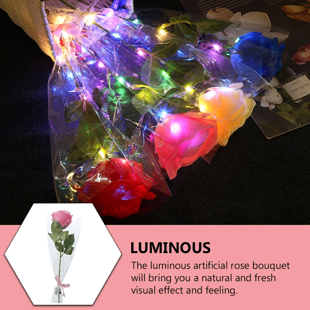 

5 Pcs Wedding Decor Glowing Rose Artificial Valentines Flowers Stems LED Faux for Vase Pink Simulated Day Decorations Bride