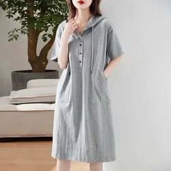 Fashion Solid Color Pockets Short Sleeve Lace Up Hooded Casual Dresses Female Clothing 2024 Spring New Loose Korean Midi Dress