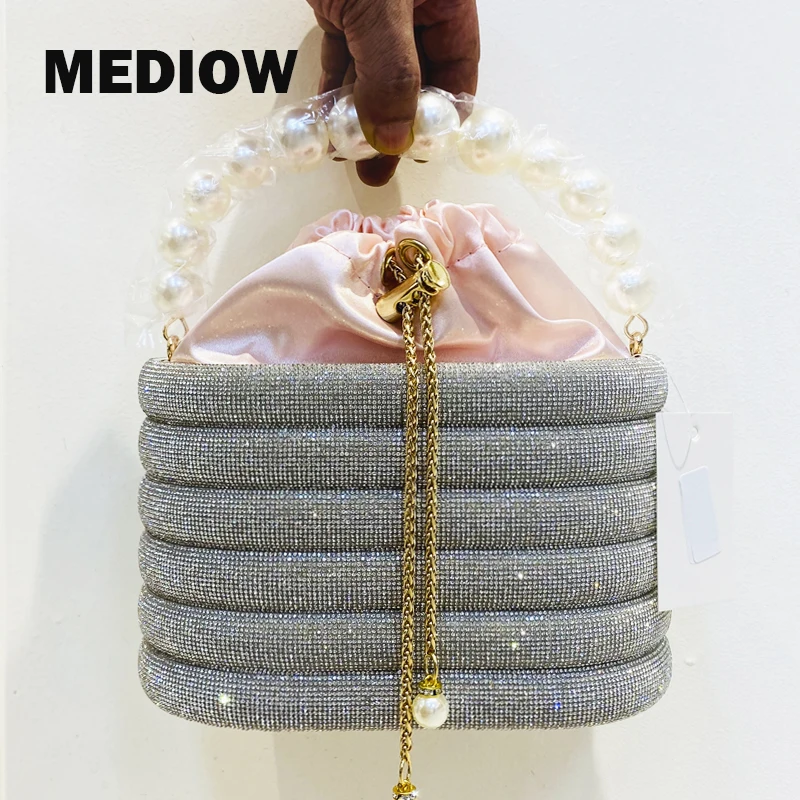 

MEDIOW Brand Evening Bags For Women Luxury Designer Handbags 2023 New In PVC Metal Frame Inlaid Imitation Diamond Shiny Beaded