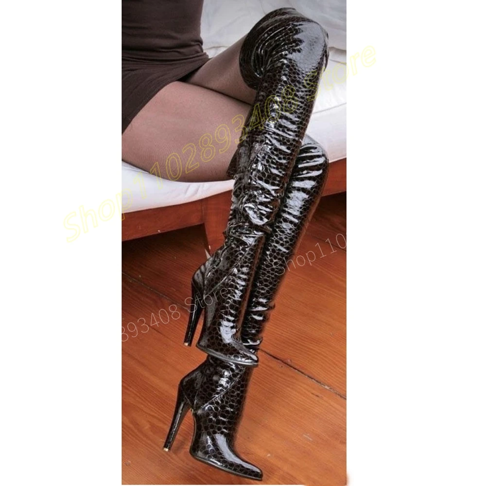 

Crocodile Pattern Pointy Over the Knee Boots Sexy Patent Leather Fashion Women Shoes 2024 Zapatos Para Mujere Stiletto High Heel