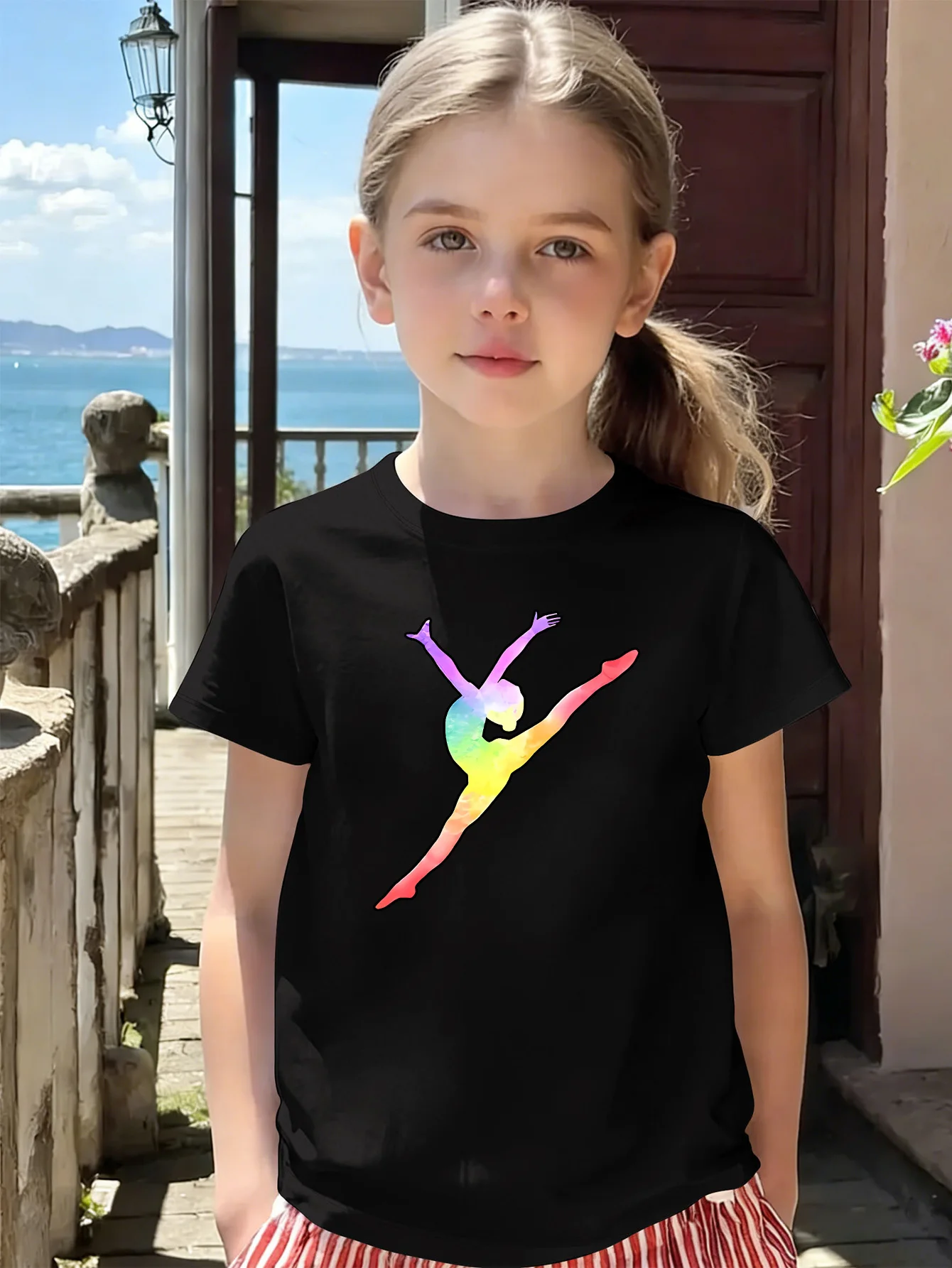 Vibrant Rainbow Gymnast Girl Silhouette Print Kids Tee Boys Girls Cotton Summer Soft Casual Unisex Kids Short Sleeve Shirts