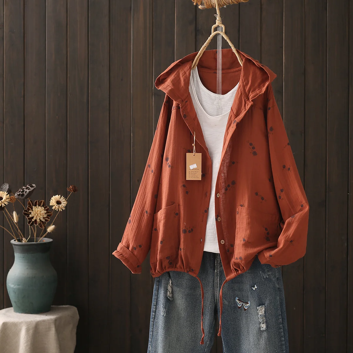 

Женская одежда среднего возраста, двухслойная хлопчатобумажная пряжа, рубашки с капюшоном и блузки с зеленым кофейным принтом для женщин, толстовки, куртка, верхняя одежда