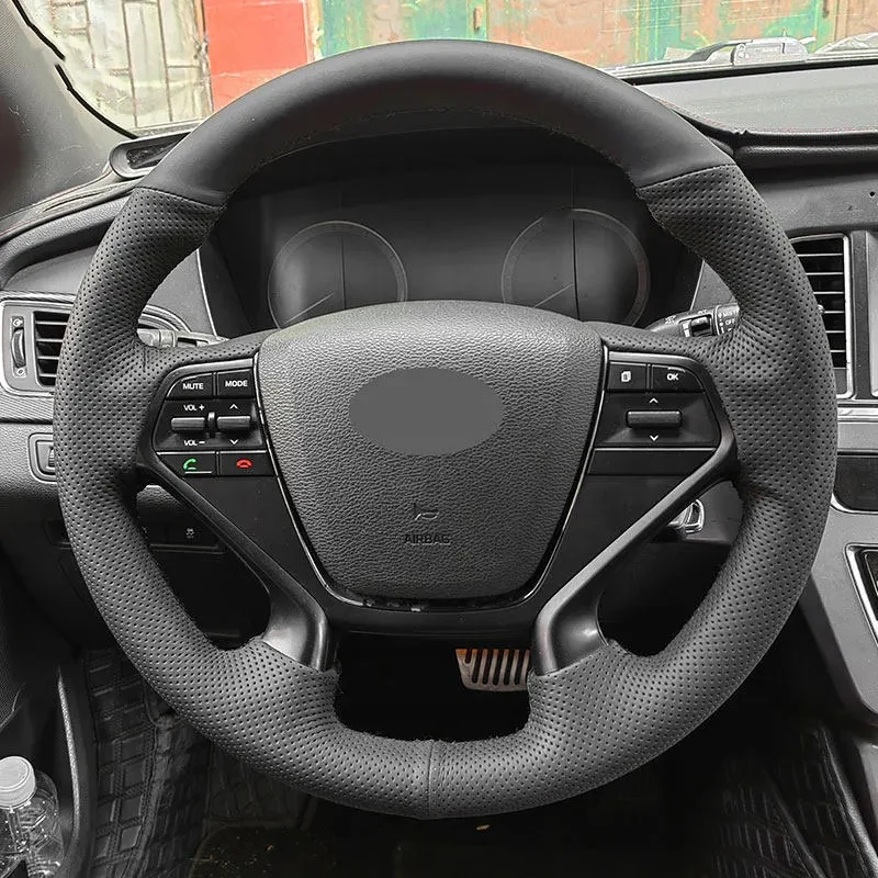 Soft Perforated Leather Cover For Hyundai Sonata 9 2015 2016 2017 4-Spoke Hand Sewing Car Inner Steering Wheel Cover Trim Black