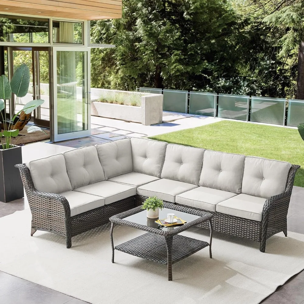 

Outdoor Furniture Sectional Sofa L Shaped Couch - Patio Wicker Set with Coffee Table, 3 Piece Rattan Patio Conversation