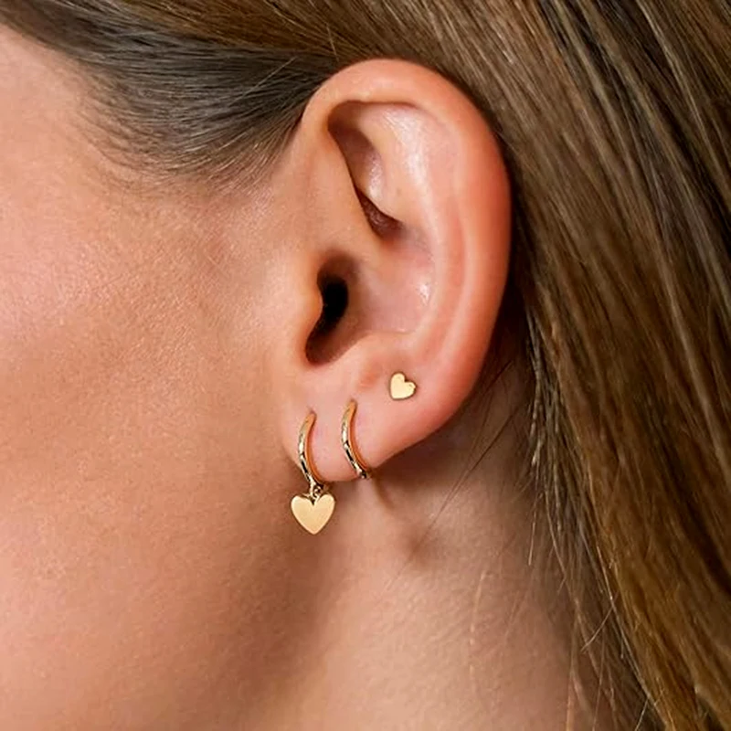 3 Pairs Gold Plated Stainless Steel Stud Earrings Set Heart Moon Star Small Hoop Earrings For Women