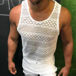 Tank Top for Men Lace Hollow Out Sleeveless Shirts Summer Mens Clothing Slim Fit Gym Clothes Workout Solid Color Vest Tops 2022