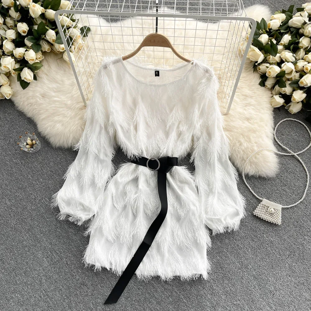 Elegant Long Sleeve Vintage O-neck Chic Hairy Tassel Slim Sashes A-ine Short Dresses French Evening High Street Autumn Clothing