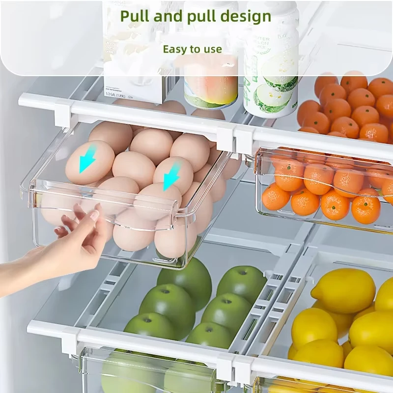 Transparenter Kühlschrank-Organizer, Obst-Ei-Kühlschrank-Aufbewahrungsbox, unter dem Regal, Kühlschrank-Schubladenbox, Frischhalte-Küchen-Organizer