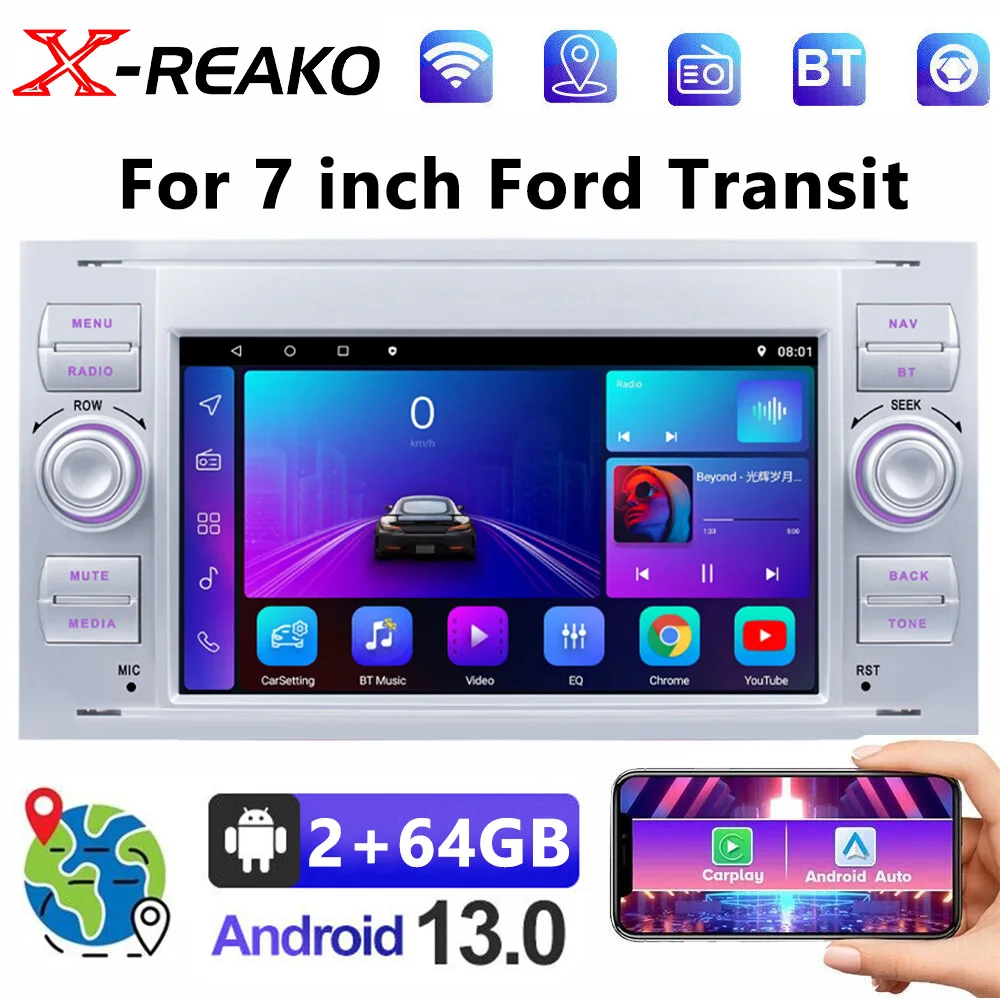 Car Radio for Ford 7 Inch 2 Din Wireless Carplay Multimedia Player Touch Screen FM ISO Power Aux Input Bluetooth USB Mirror Link