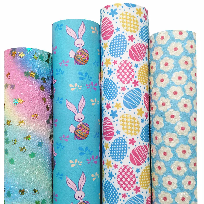 Rainbow Shamrocks Glitter Leather Sheets Flowers Printed Glitter Leather Easter Eggs Rabbits Leather For Bow DIY 21x29CM Q1701