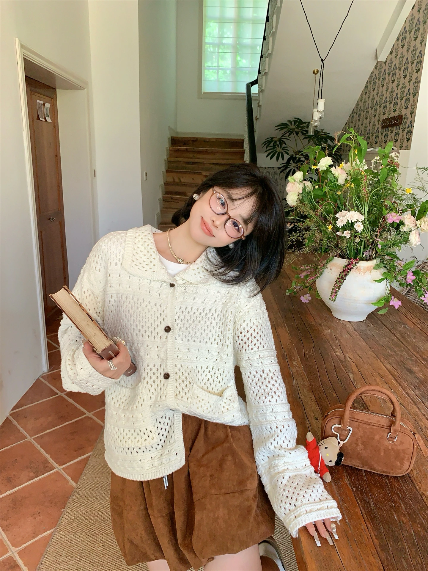 

Свободный длинный вязаный кардиган для женщин, повседневный, в стиле американо, с корейским воротником, ажурный свитер-пальто для осени