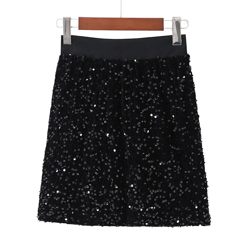 Elegant Fashion Harajuku Slim Fit Female Clothes Loose Casual All Match A-line Skirt High Waist Skirts Sequins Hip Wrap Skirt