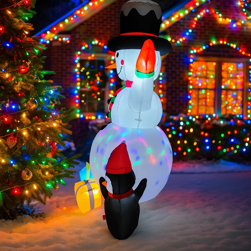6FT زينة عيد الميلاد نفخ ثلج البطريق الزنجبيل رجل علب الهدايا اللعب ساحة المنزل الحلي مع LED ديكور المسيح #3