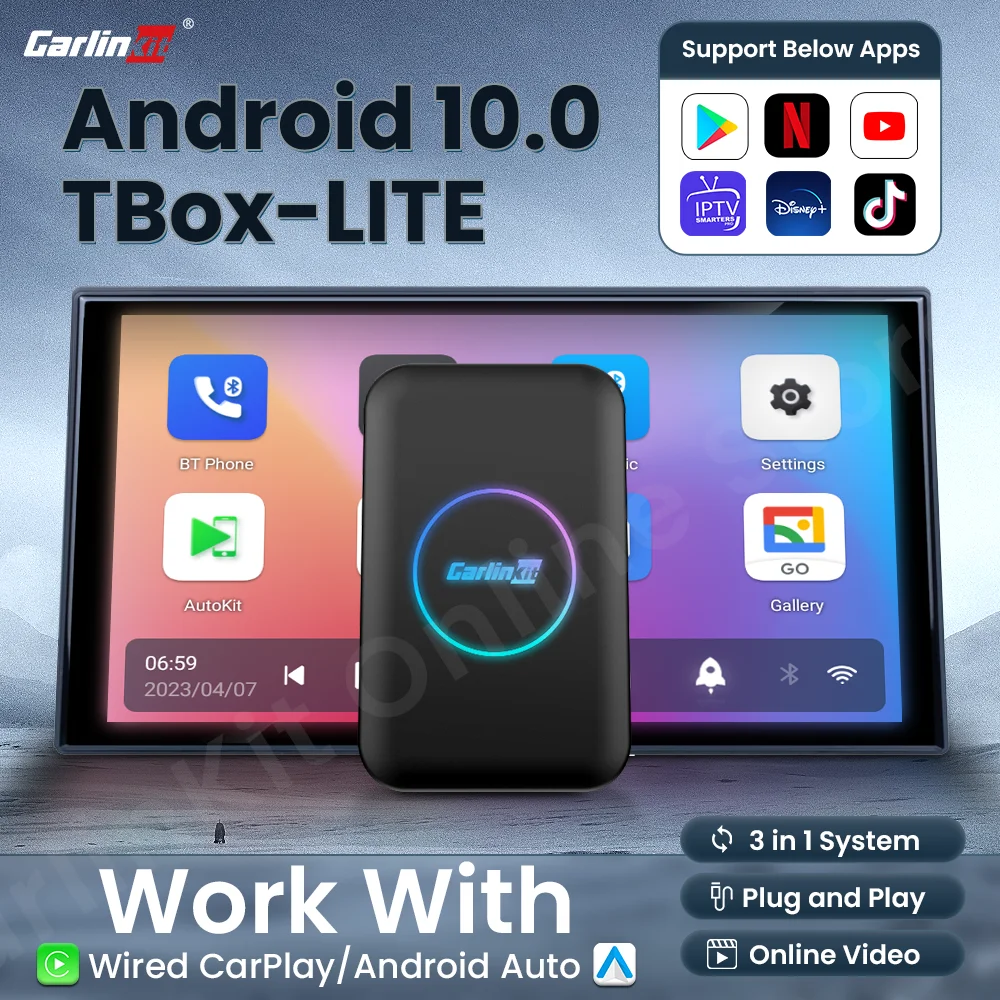 CarlinKit Lite kotak Tv Android 10 adaptor otomatis, nirkabel mendukung Netfix Youtube IPTV Spotify Wifi BLE