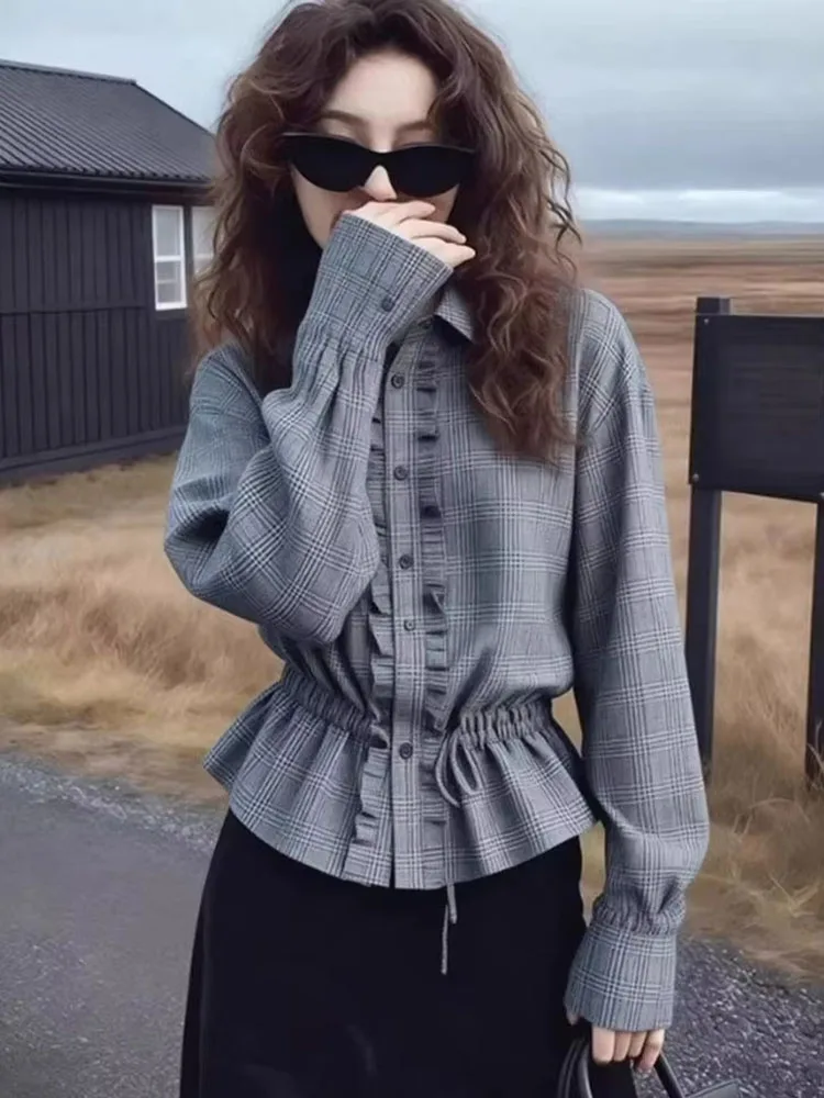 Fashion Design Shirts Long Sleeve Ruffles Patchwork Draw String Plaid Spring Autumn Blouses Slim Tops Vintage Women's Clothing